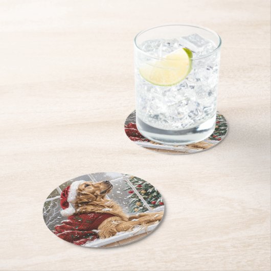 Weihnachts Golden Retriever Santa Dog Runder Pappuntersetzer (Vor Ort)