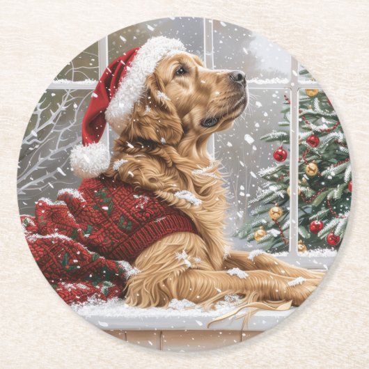 Weihnachts Golden Retriever Santa Dog Runder Pappuntersetzer (Vorderseite)