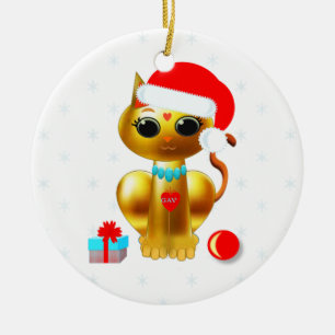 Weihnachts-goldene Kätzchen-Cartoon Keramik Ornament