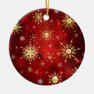 Weihnachts-Goldschneeflocken auf rotem Hintergrund Keramik Ornament