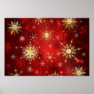 Weihnachts-Goldschneeflocken auf rotem Hintergrund Poster