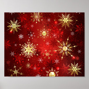 Weihnachts-Goldschneeflocken auf rotem Hintergrund Poster