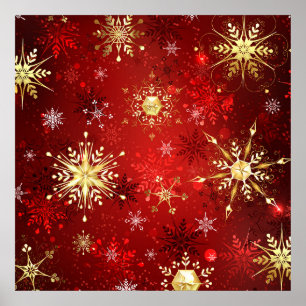 Weihnachts-Goldschneeflocken auf rotem Hintergrund Poster