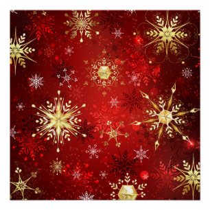 Weihnachts-Goldschneeflocken auf rotem Hintergrund Poster