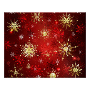 Weihnachts-Goldschneeflocken auf rotem Hintergrund Poster