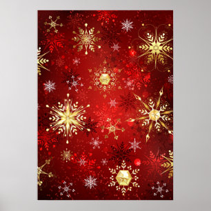Weihnachts-Goldschneeflocken auf rotem Hintergrund Poster