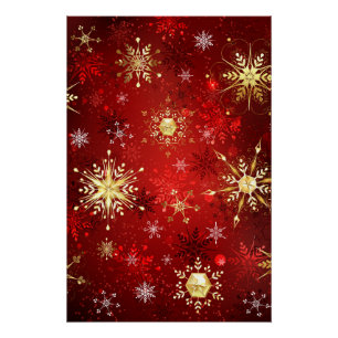 Weihnachts-Goldschneeflocken auf rotem Hintergrund Poster