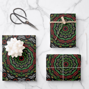 Weihnachts-Gothic-Blätter Mandala Geschenkpapier Set
