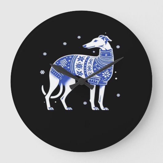 Weihnachts-Greyhound-Hund mit hässlichem Pullover  Große Wanduhr (Vorderseite)