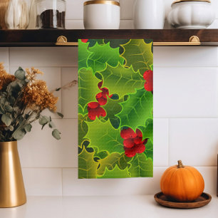 Weihnachts-Grün-Holly-Blätter Rote Berries Geschirrtuch