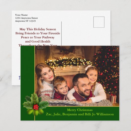 Weihnachts-Grün- und Goldrahmen mit Holly-Foto Postkarte (Vorne/Hinten)