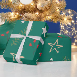 Weihnachts-Grünbuch mit Sternen und Beeren Geschenkpapier