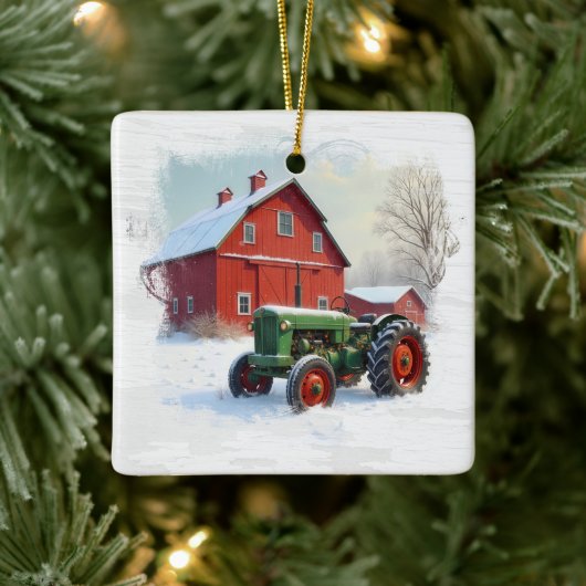 Weihnachts-Grüne Farm Traktor und Roter Stall Keramikornament (Baum)