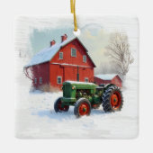 Weihnachts-Grüne Farm Traktor und Roter Stall Keramikornament (Vorderseite)