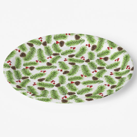 Weihnachts-Grüne Pine-Blätter, Cones & Red Berries Pappteller (Schrägansicht)