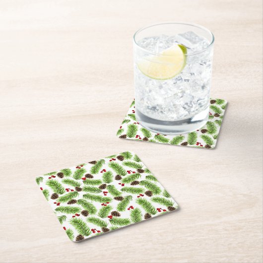 Weihnachts-Grüne Pine-Blätter, Cones & Red Berries Rechteckiger Pappuntersetzer (Vor Ort)