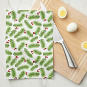 Weihnachts-Grüne Pine-Blätter & Rote Berries auf W Geschirrtuch (Viertel Falte)