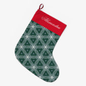 Weihnachts Grüne Schneeflocken Muster Personalisie Großer Weihnachtsstrumpf (Vorderansicht (hängend))