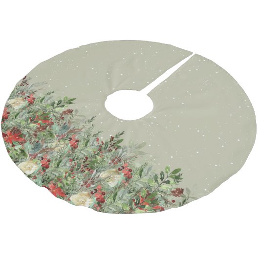 Weihnachts Grüne Wasserfarbe Rosa Poinsettia Drop Polyester Weihnachtsbaumdecke (Schrägansicht)
