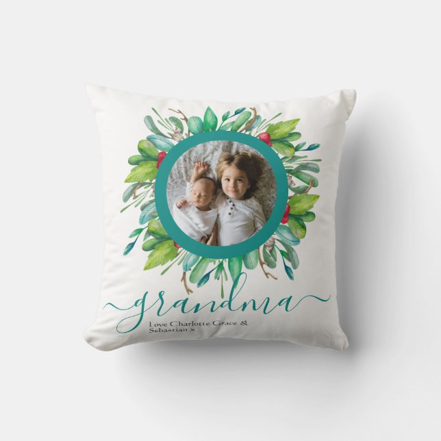 Weihnachts-Grüner Kranz-Foto Personalisiert Kissen (Vorderseite)