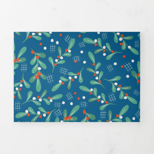 Weihnachts-Grüntöne mit Holly Berries Blue White Dreifach Gefaltete Urlaubskarte (Cover)