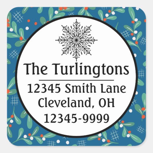 Weihnachts-Grüntöne mit Holly Berries Blue White Quadratischer Aufkleber (Vorderseite)