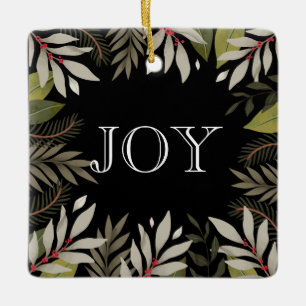 Weihnachts-Grüntöne mit JOY, Name & Date Square Keramikornament