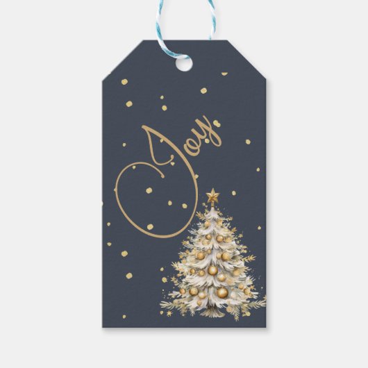 Weihnachts Gruß Joy Blue Gold Farbbaum Geschenkanhänger (Vorderseite)