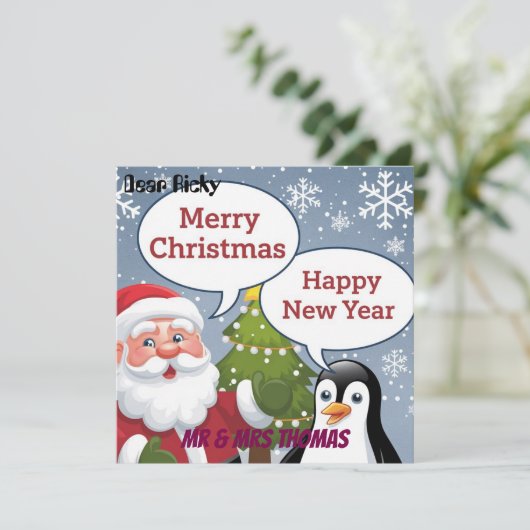 Weihnachts-Grußkarte Santa & Pinguin Einladung (Stehend Vorderseite)