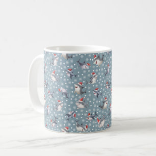 Weihnachts-Haie & Schneeflocken auf Hellgrau-Blau Kaffeetasse