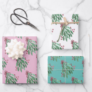 Weihnachts-Hand-Wasserfarben-Baum und Schleife Ros Geschenkpapier Set