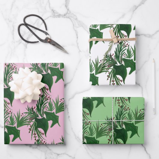 Weihnachts Hand Wasserfarben Bäume Frische Berries Geschenkpapier Set (Vorderseite)