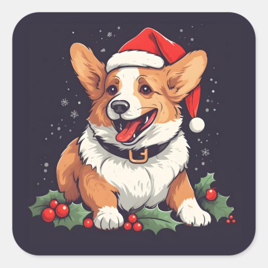 Weihnachts-Happy Corgi in Weihnachtsmannmütze mit Quadratischer Aufkleber (Vorderseite)