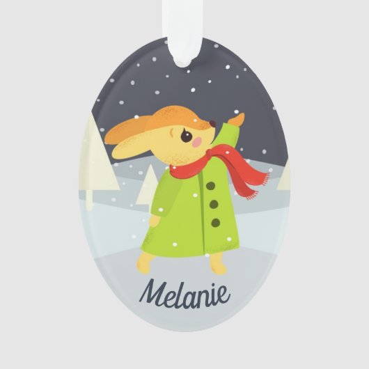 Weihnachts-Hase fängt Schneeflocken Ornament (Vorderseite)