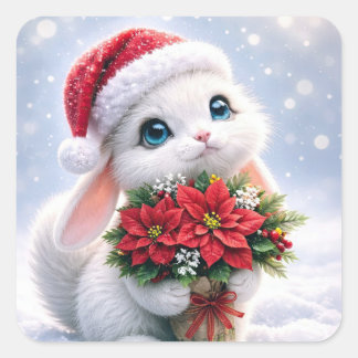 Weihnachts-Hase und Blumen Feiertage Quadratischer Aufkleber