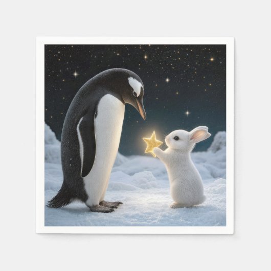 Weihnachts-Hase und Pinguin mit Neonstern Serviette (Vorderseite)