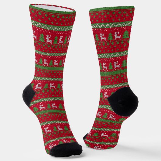 Weihnachts-Hässlich-Pullover Rot Grün Rentiere Socken (Gewinkelt)