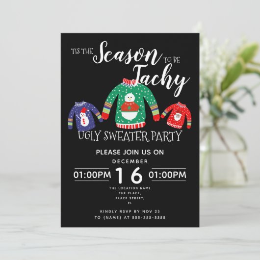 Weihnachts hässlich Sweater Party Spendenaktion Einladung (Stehend Vorderseite)