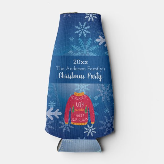 Weihnachts hässliche Pullover Rot-blaue Schneefloc Flaschenkühler (Vorderseite)