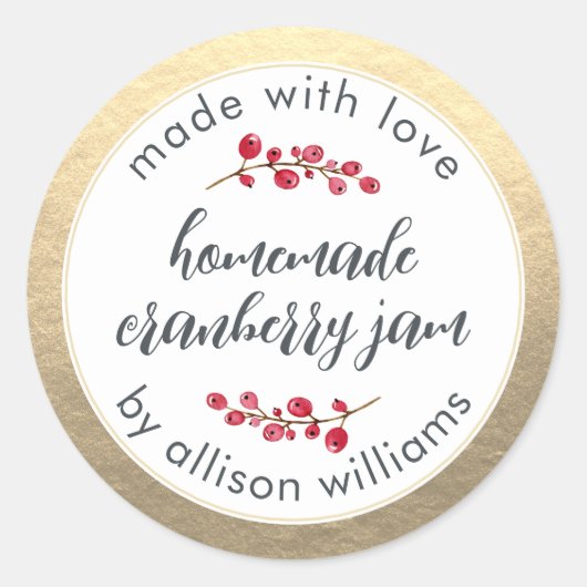 Weihnachts hausgemachte Cranberry Jam Can Gold Runder Aufkleber (Vorderseite)