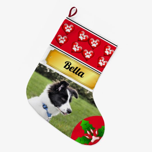 Weihnachts Haustiere Paw Prints und Holly Großer Weihnachtsstrumpf (Vorderansicht (hängend))
