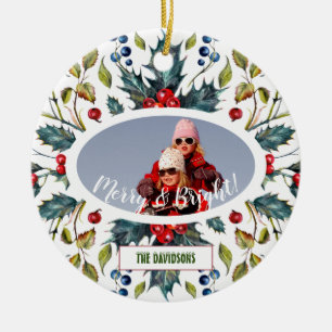 Weihnachts-Heilige-Beeren-Kranz Foto Monogramm Keramik Ornament