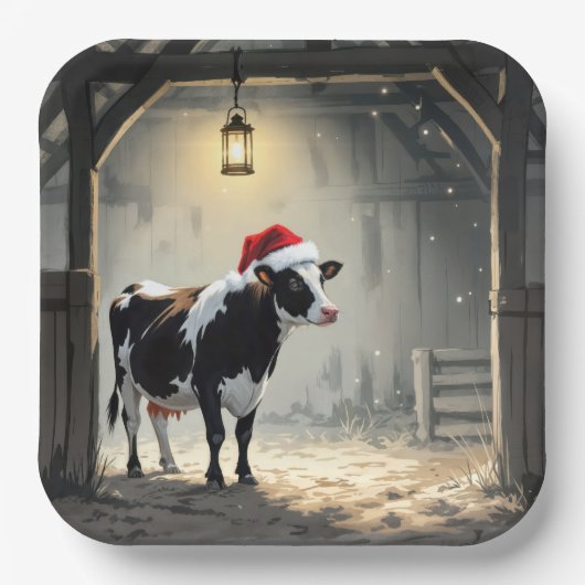Weihnachts-Hereford-Kuh im Scheunentor Pappteller (Vorderseite)