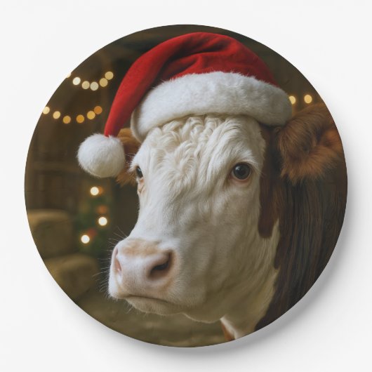 Weihnachts-Hereford-Kuh mit Santa-Hut Pappteller (Vorderseite)