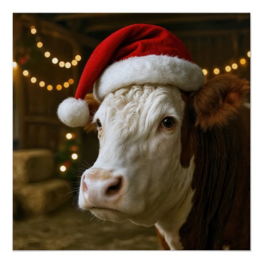 Weihnachts-Hereford-Kuh mit Santa-Hut Poster (Vorderseite)