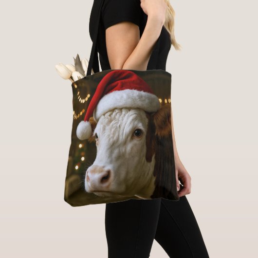 Weihnachts-Hereford-Kuh mit Santa-Hut Tasche (Von Nahem)