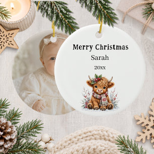 Weihnachts Highland-Kuh Foto Mädchen Keramik Ornament