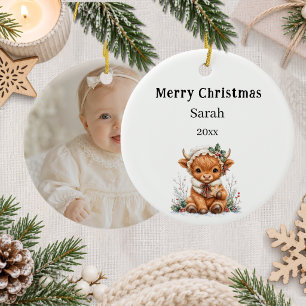 Weihnachts Highland-Kuh Foto Mädchen Keramik Ornament