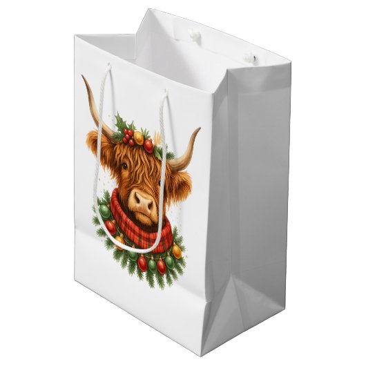 Weihnachts Highland-Rind Mittlere Geschenktüte (Vorderseite Schrägansicht)