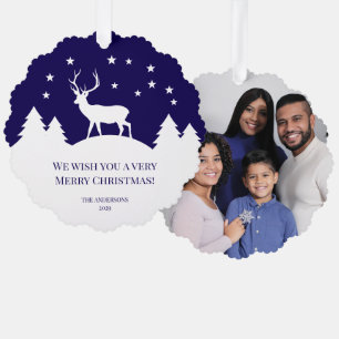 Weihnachts-Hirsch Blau Weiß Kiefern Familienfoto Ornament Karte